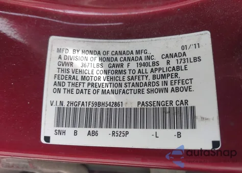 2011 Honda Civic Lx z USA, uszkodzony, nr VIN 2HGFA1F59BH542861